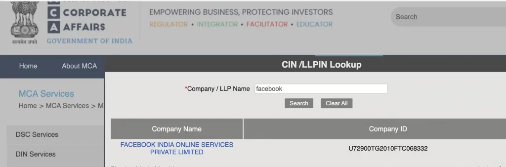 Is Facebook registered in India Ministry of Corporate Affair Company Act 2013